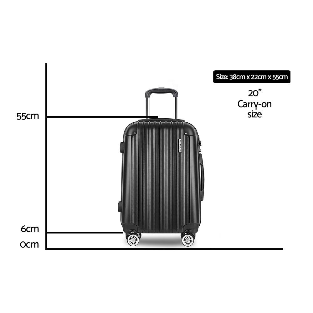 Black 20-inch hard shell carry-on suitcase with retractable handle and 360-degree spinner wheels — view 2