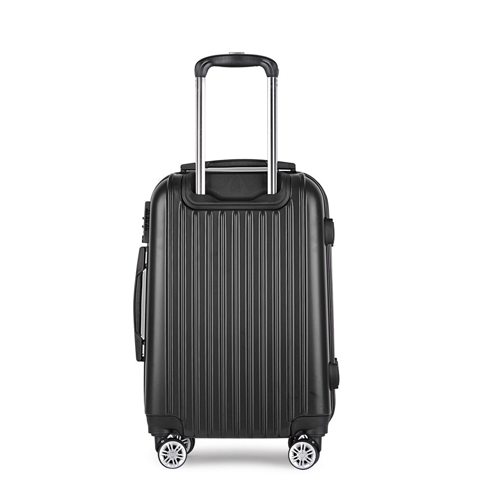 Black 24 inch hard shell travel suitcase with spinner wheels, retractable handle, and secure code lock — view 3