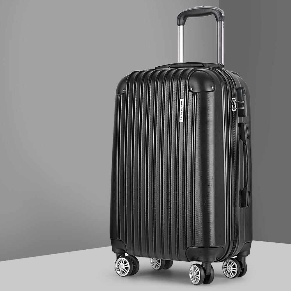 Black 24 inch hard shell travel suitcase with spinner wheels, retractable handle, and secure code lock