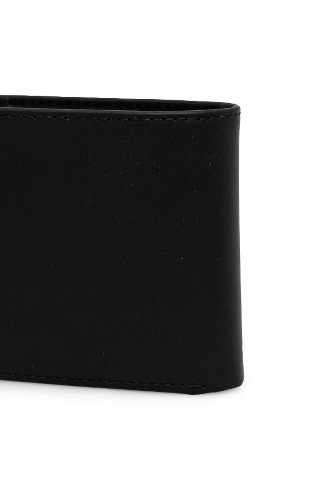 Men's RFID leather wallet in smooth black with embossed logo and multiple card slots