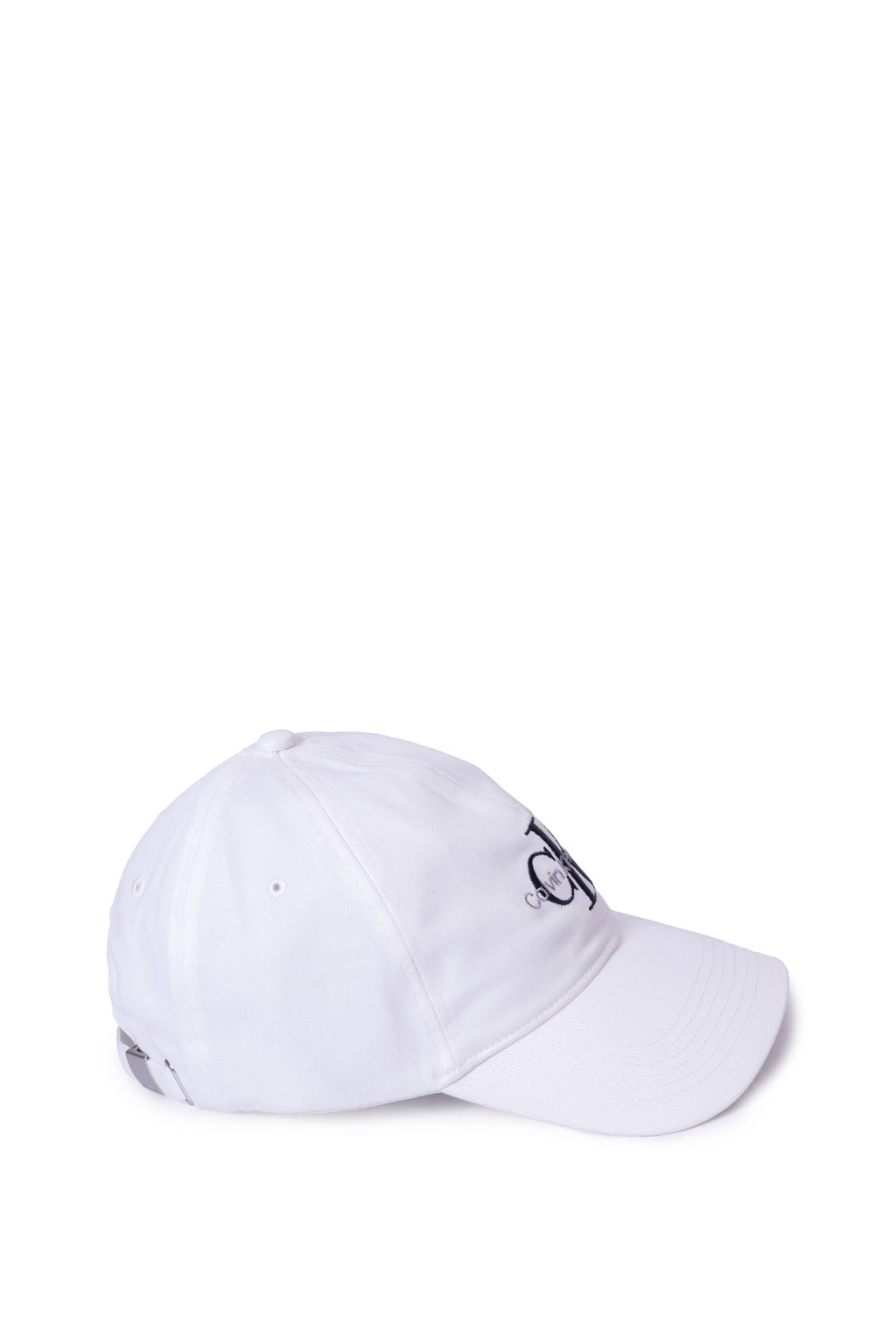 Men's pure white cotton twill baseball cap with front logo embroidery and sliding buckle closure — view 9