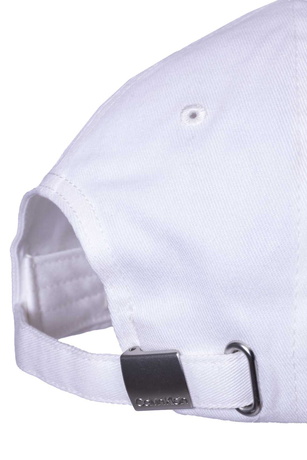 Men's pure white cotton twill baseball cap with front logo embroidery and sliding buckle closure — view 7
