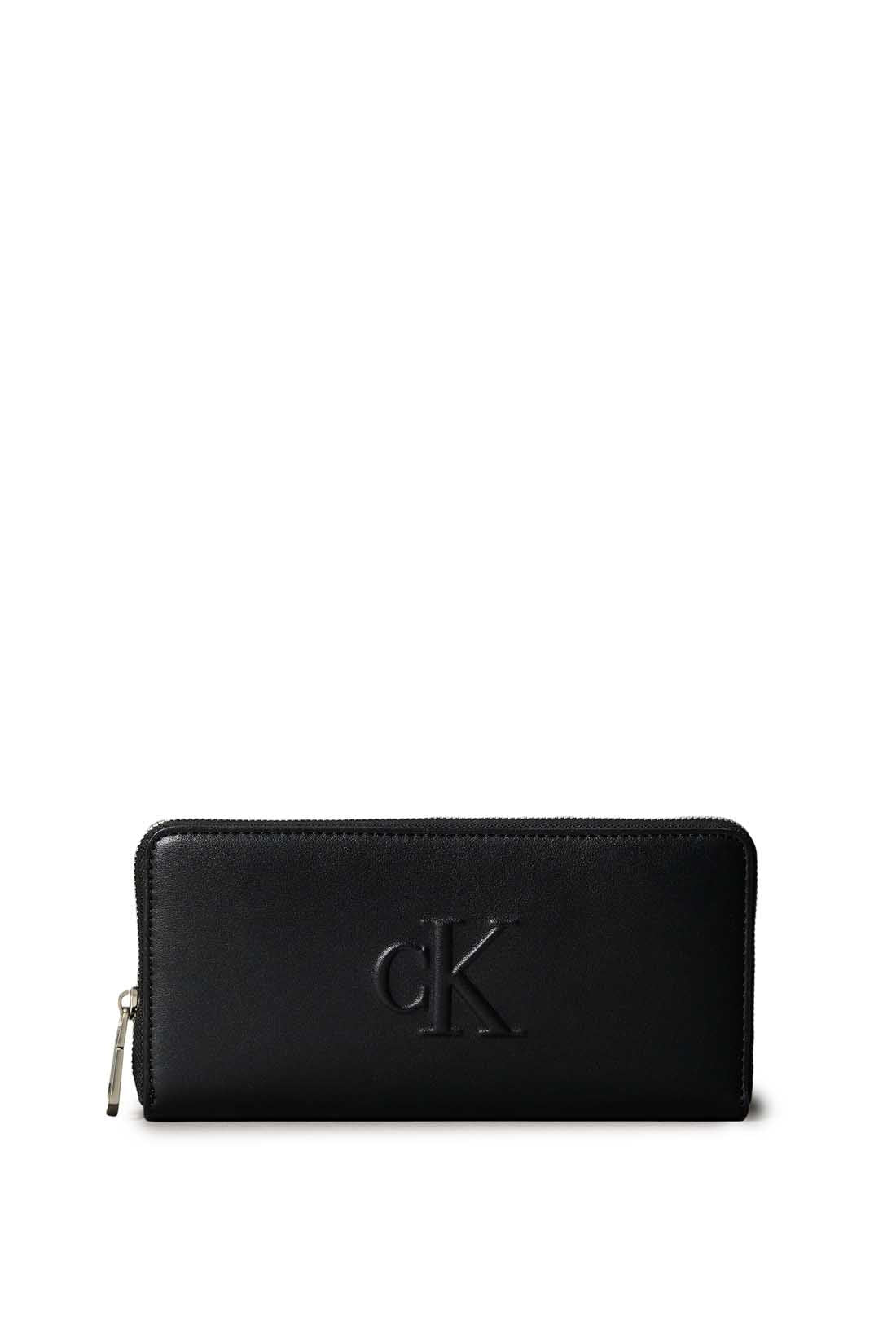 Smooth black women's faux leather zip-around wallet with embossed monogram and logo hardware — view 4