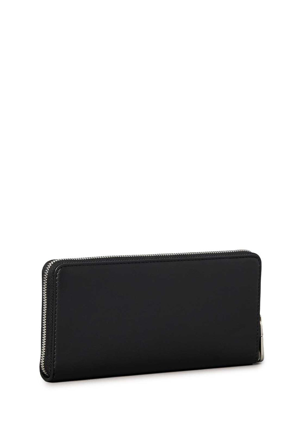 Smooth black women's faux leather zip-around wallet with embossed monogram and logo hardware — view 3