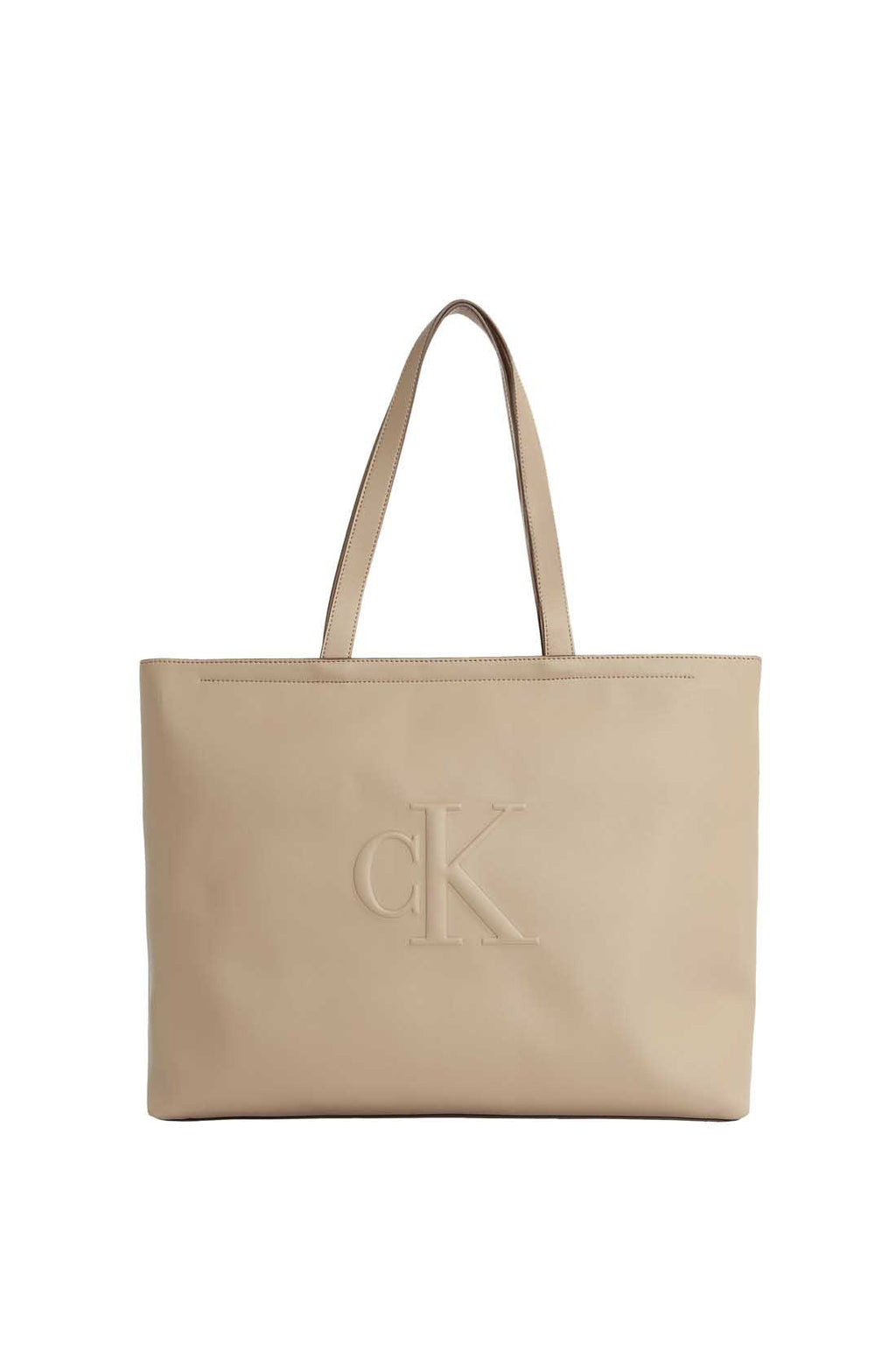 Womens black faux-leather tote bag with double handles and embossed monogram front detailing — view 5