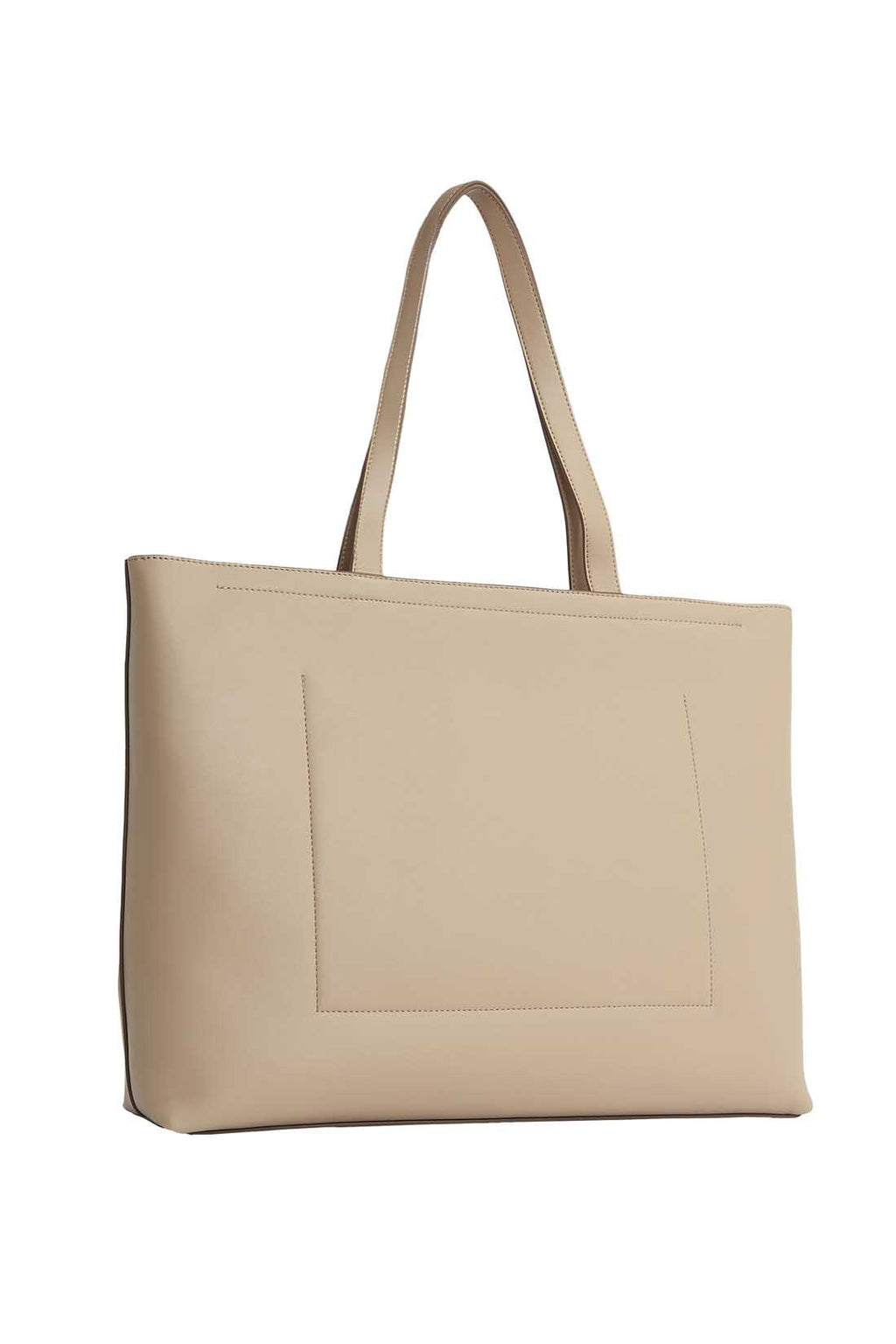 Womens black faux-leather tote bag with double handles and embossed monogram front detailing — view 8