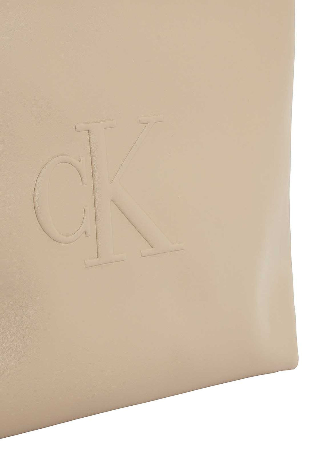 Womens black faux-leather tote bag with double handles and embossed monogram front detailing — view 2