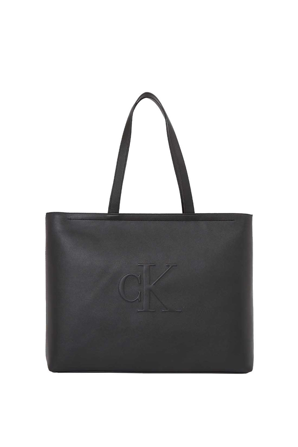 Womens black faux-leather tote bag with double handles and embossed monogram front detailing — view 15