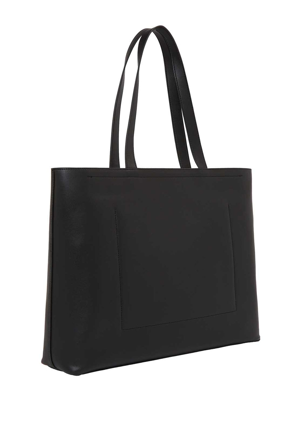 Womens black faux-leather tote bag with double handles and embossed monogram front detailing — view 13