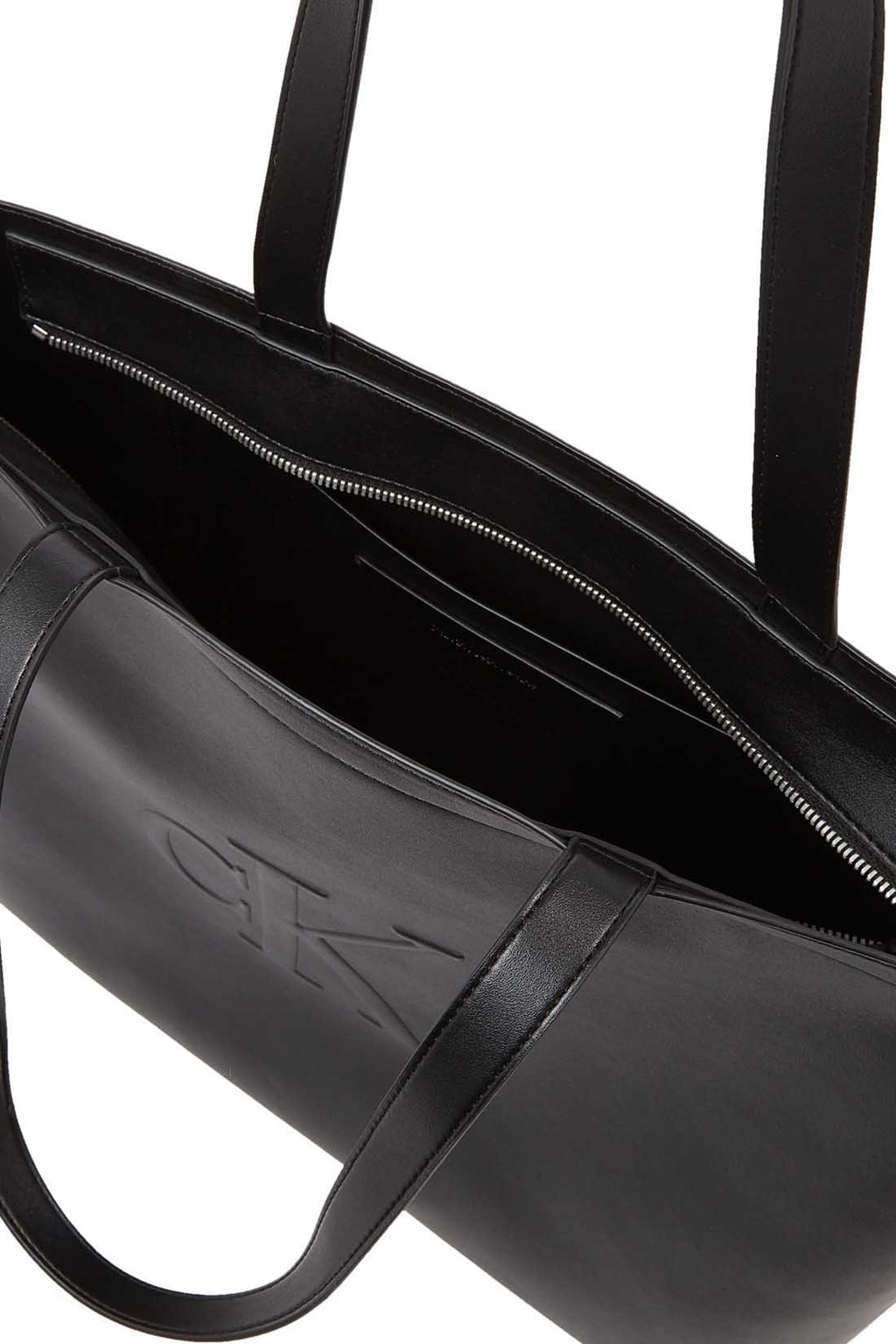 Womens black faux-leather tote bag with double handles and embossed monogram front detailing — view 11
