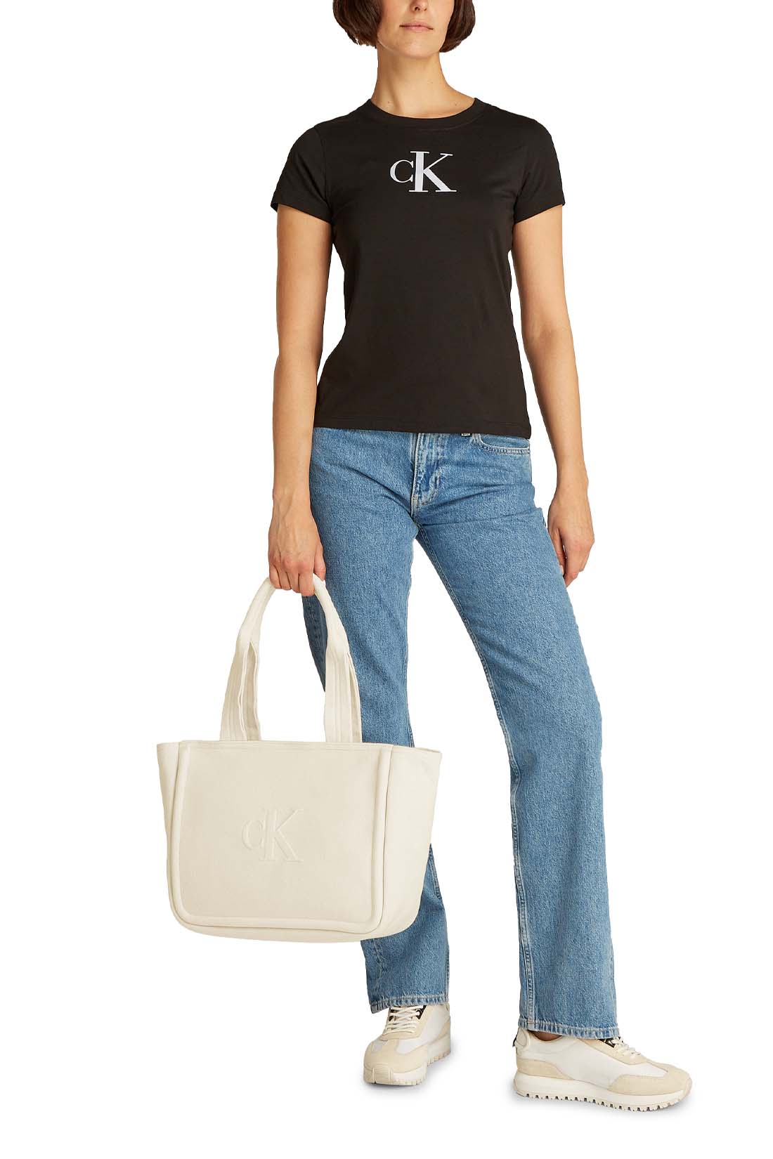 Sand cotton canvas women's tote bag with double handles and embossed monogram details — view 4