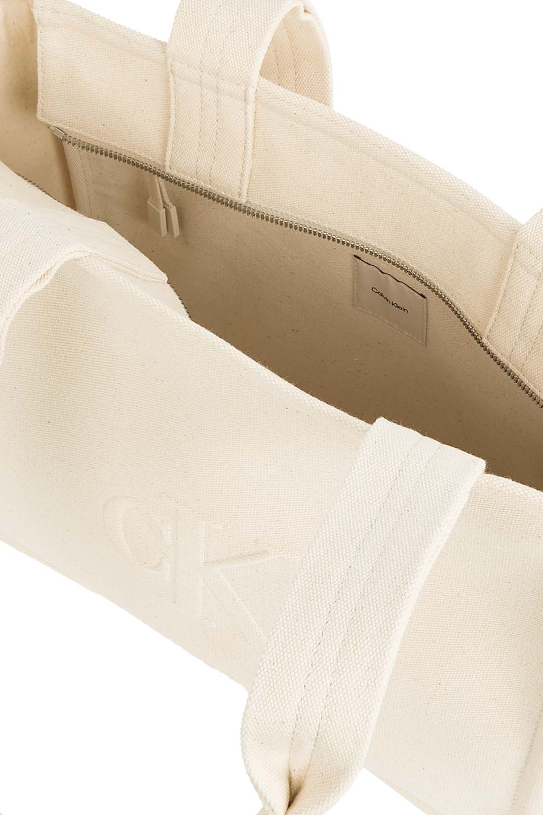 Sand cotton canvas women's tote bag with double handles and embossed monogram details
