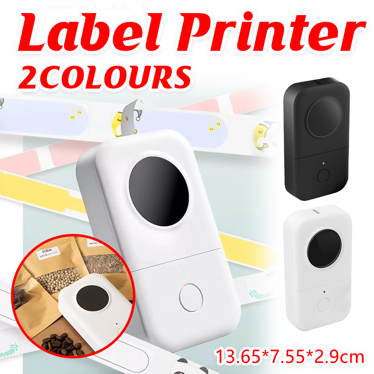Portable wireless thermal label printer in white, compact size for home and office organization.