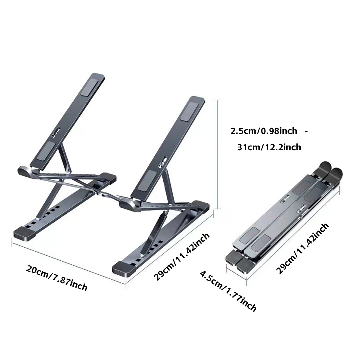 Foldable silver aluminum laptop stand with adjustable height structure and protective carrying bag. — view 3