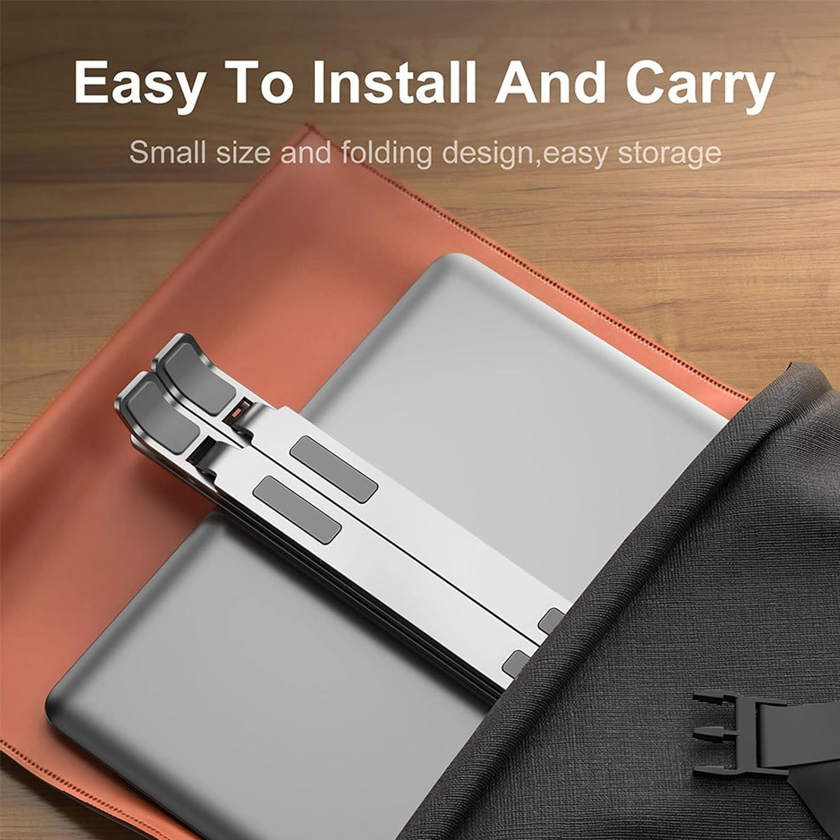 Foldable silver aluminum laptop stand with adjustable height structure and protective carrying bag. — view 5