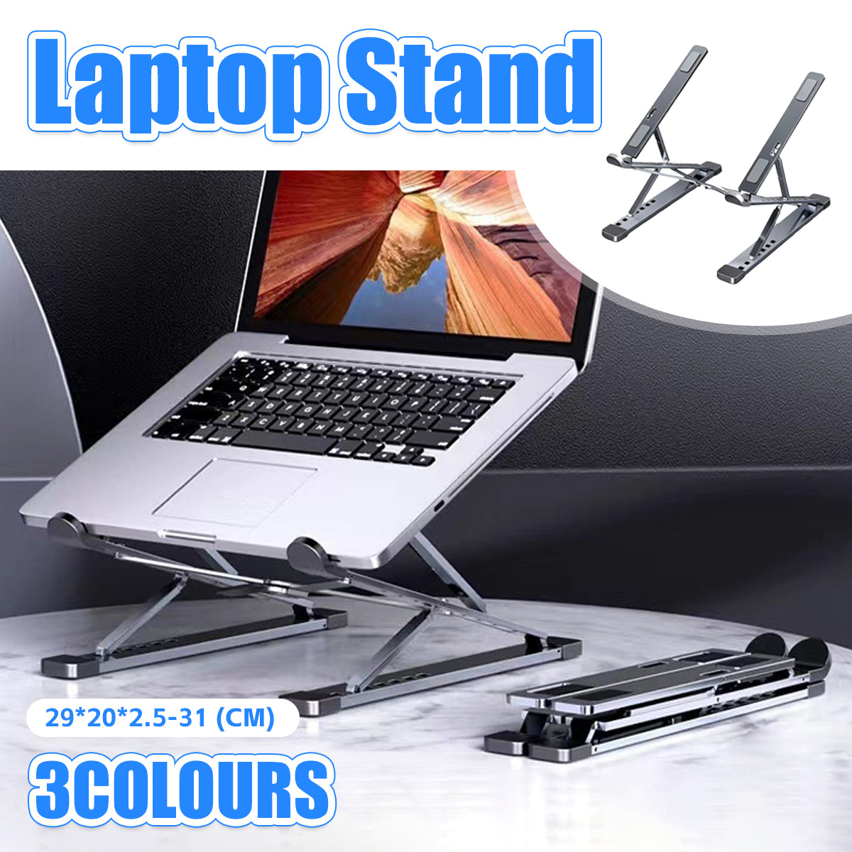Foldable silver aluminum laptop stand with adjustable height structure and protective carrying bag.