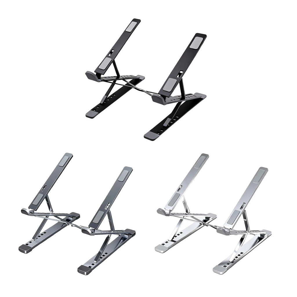 Foldable silver aluminum laptop stand with adjustable height structure and protective carrying bag. — view 2