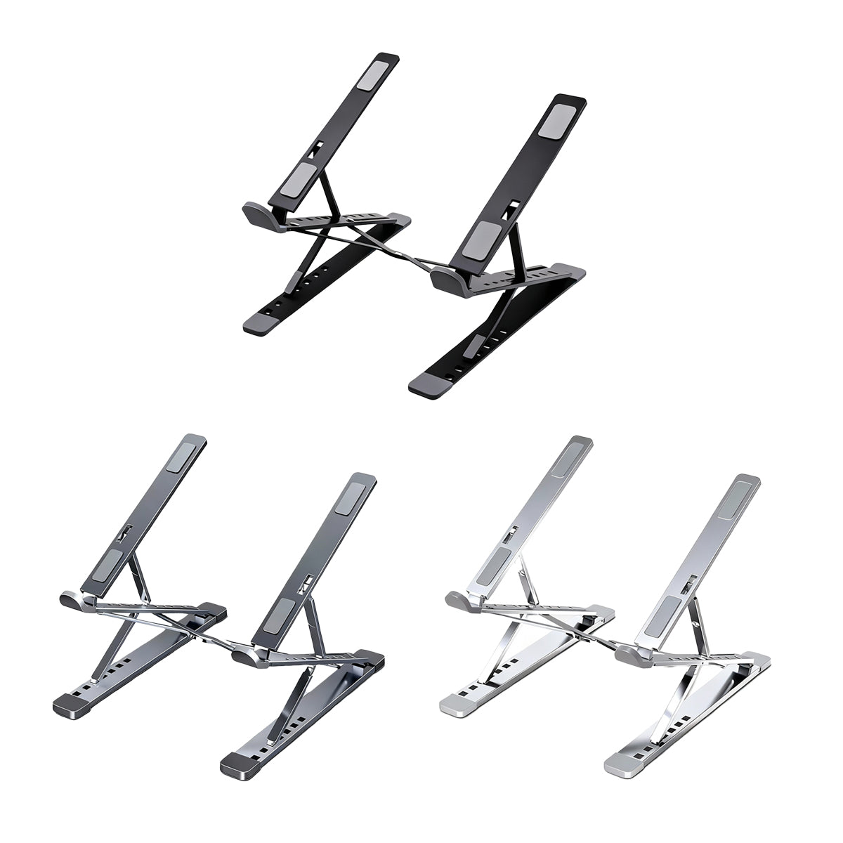 Foldable silver aluminum laptop stand with adjustable height structure and protective carrying bag. — view 2