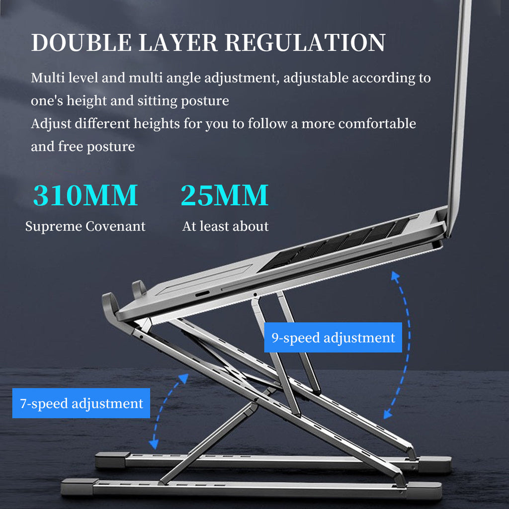 Foldable silver aluminum laptop stand with adjustable height structure and protective carrying bag. — view 4