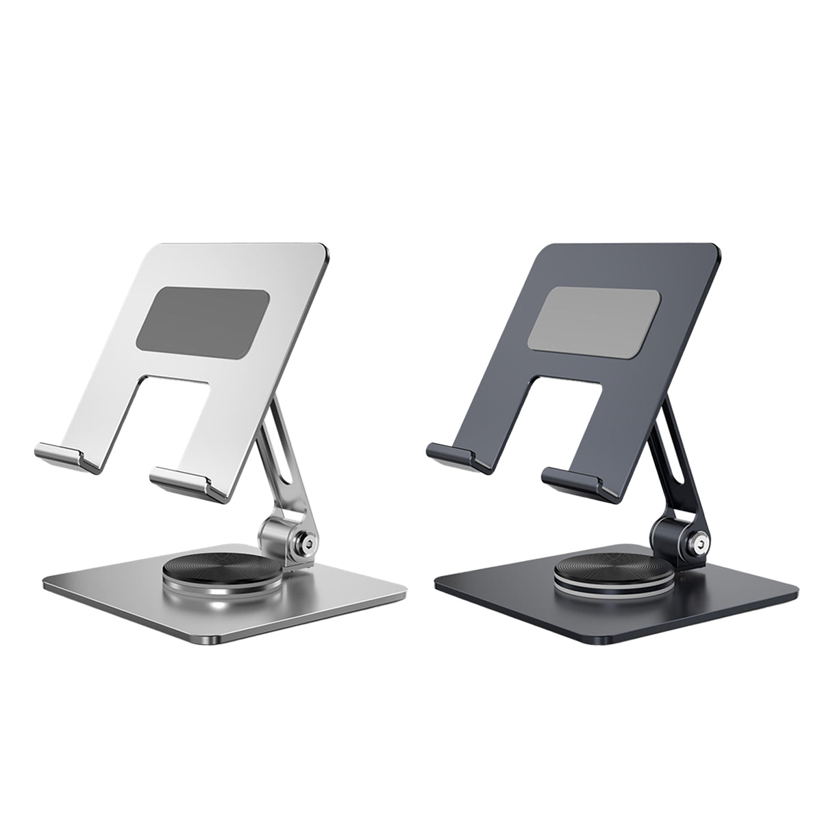 Silver carbon steel foldable tablet stand holding a device on a desk with a non-slip base — view 2