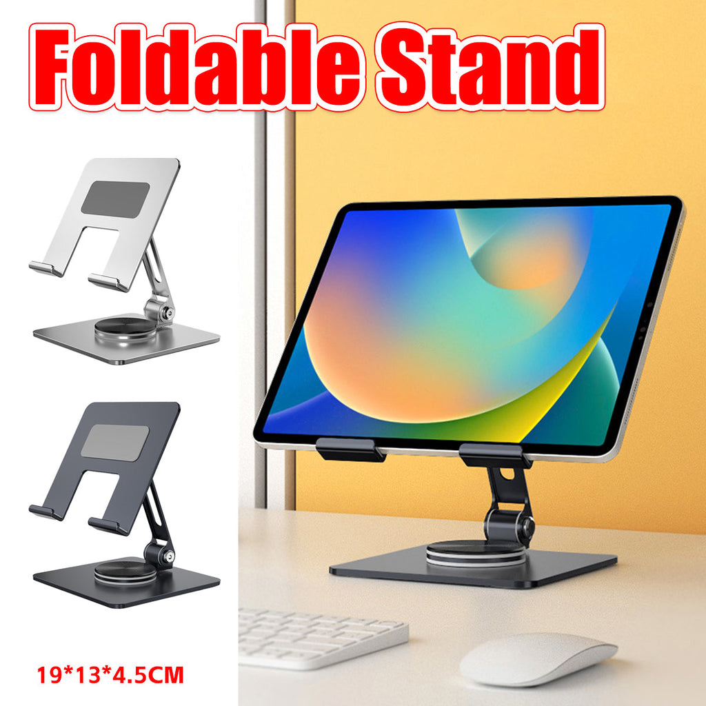 Silver carbon steel foldable tablet stand holding a device on a desk with a non-slip base