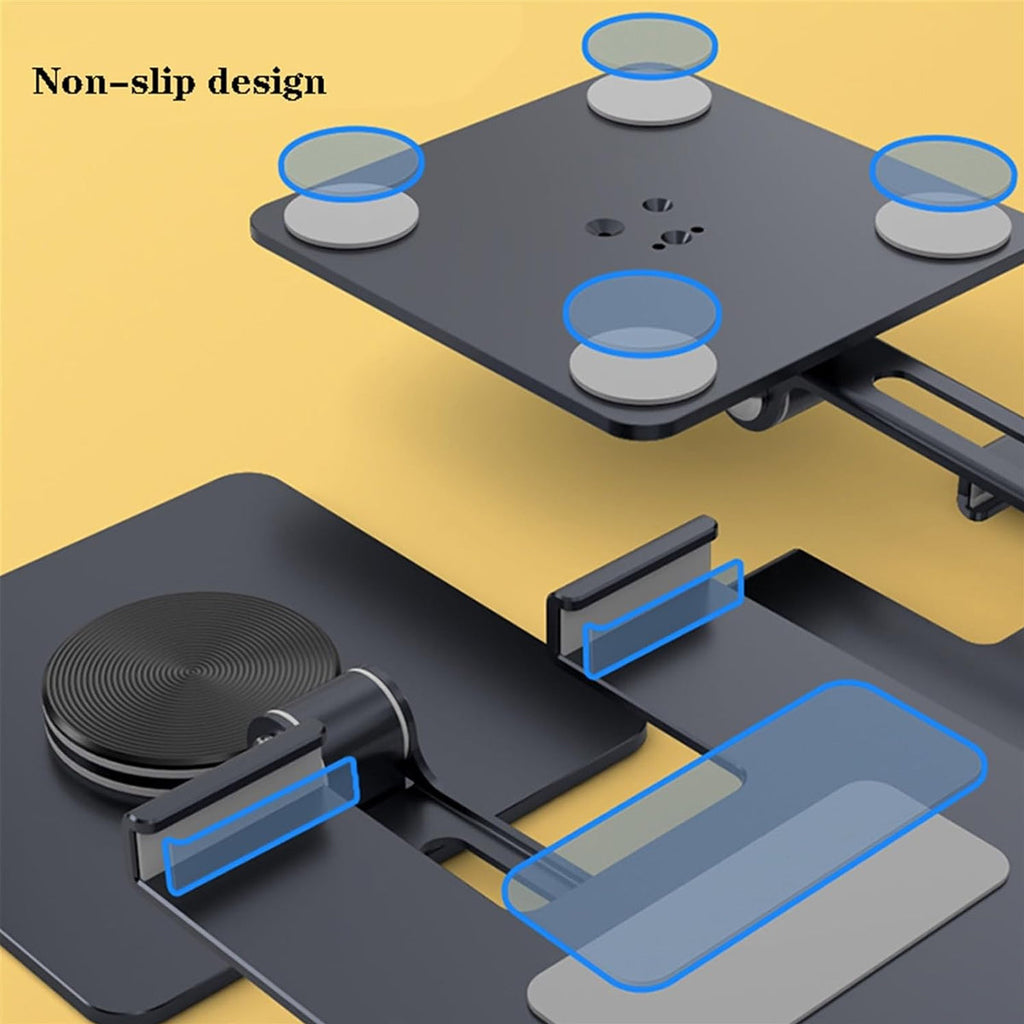 Silver carbon steel foldable tablet stand holding a device on a desk with a non-slip base — view 5