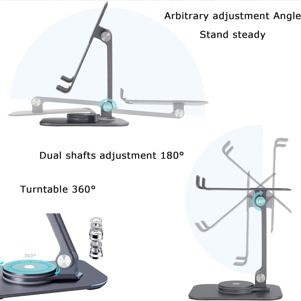Silver carbon steel foldable tablet stand holding a device on a desk with a non-slip base — view 4
