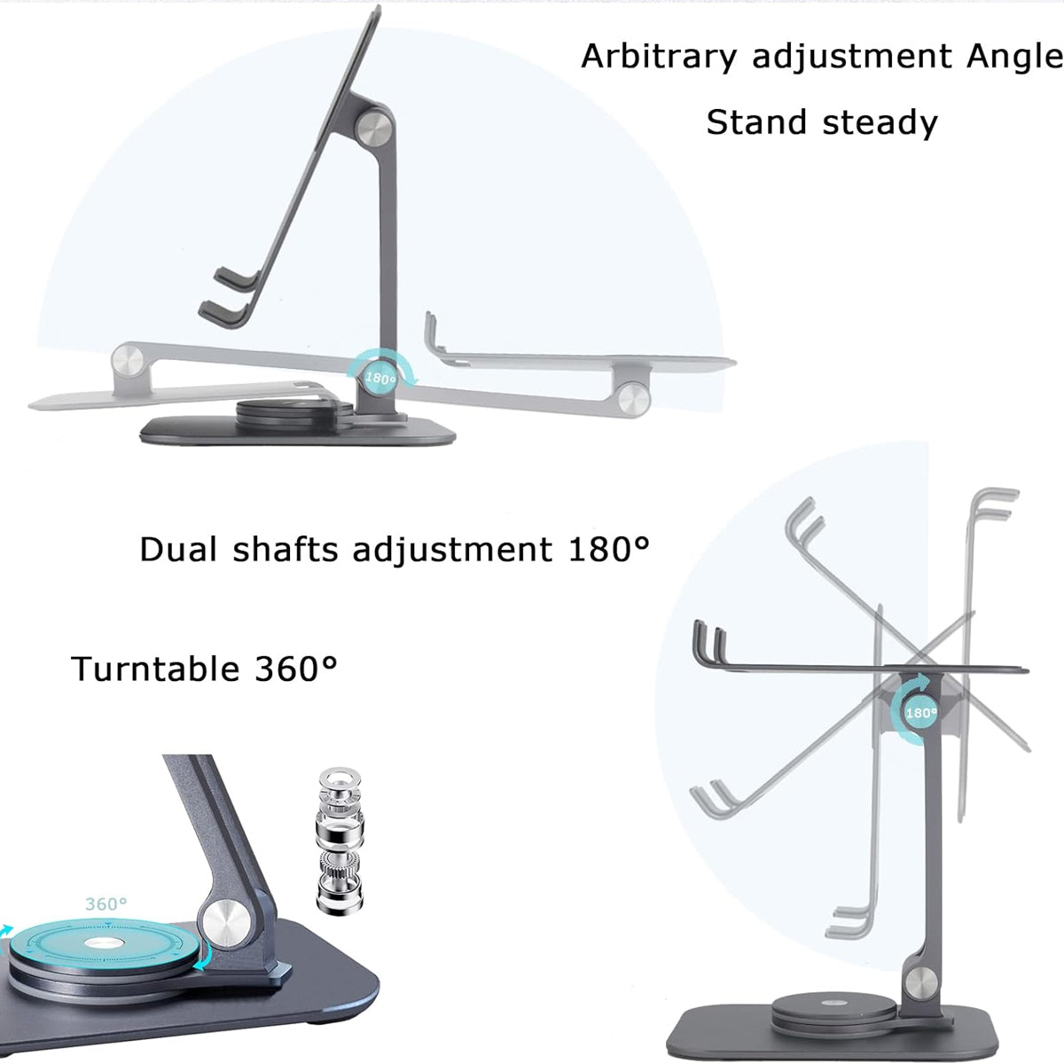 Silver carbon steel foldable tablet stand holding a device on a desk with a non-slip base — view 4