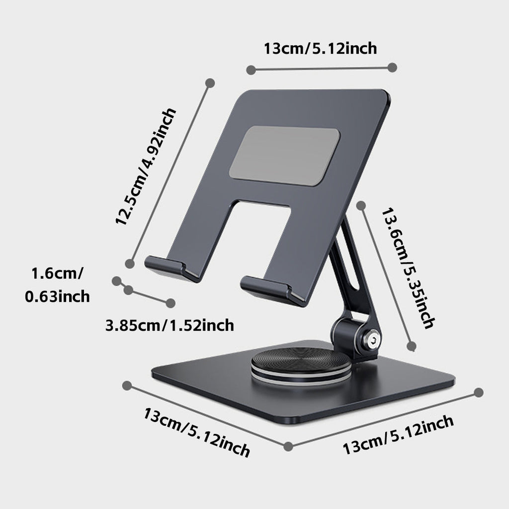 Silver carbon steel foldable tablet stand holding a device on a desk with a non-slip base — view 3