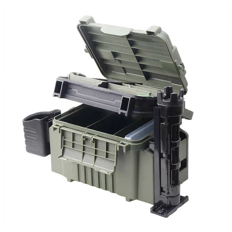Black multi-functional large fishing tackle box and organizer bucket for outdoor angling