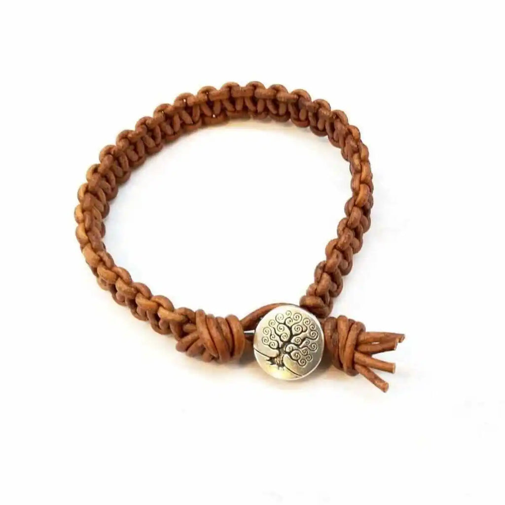 Large Mens Tree of Life Earth Color Macrame Leather Bracelet-0