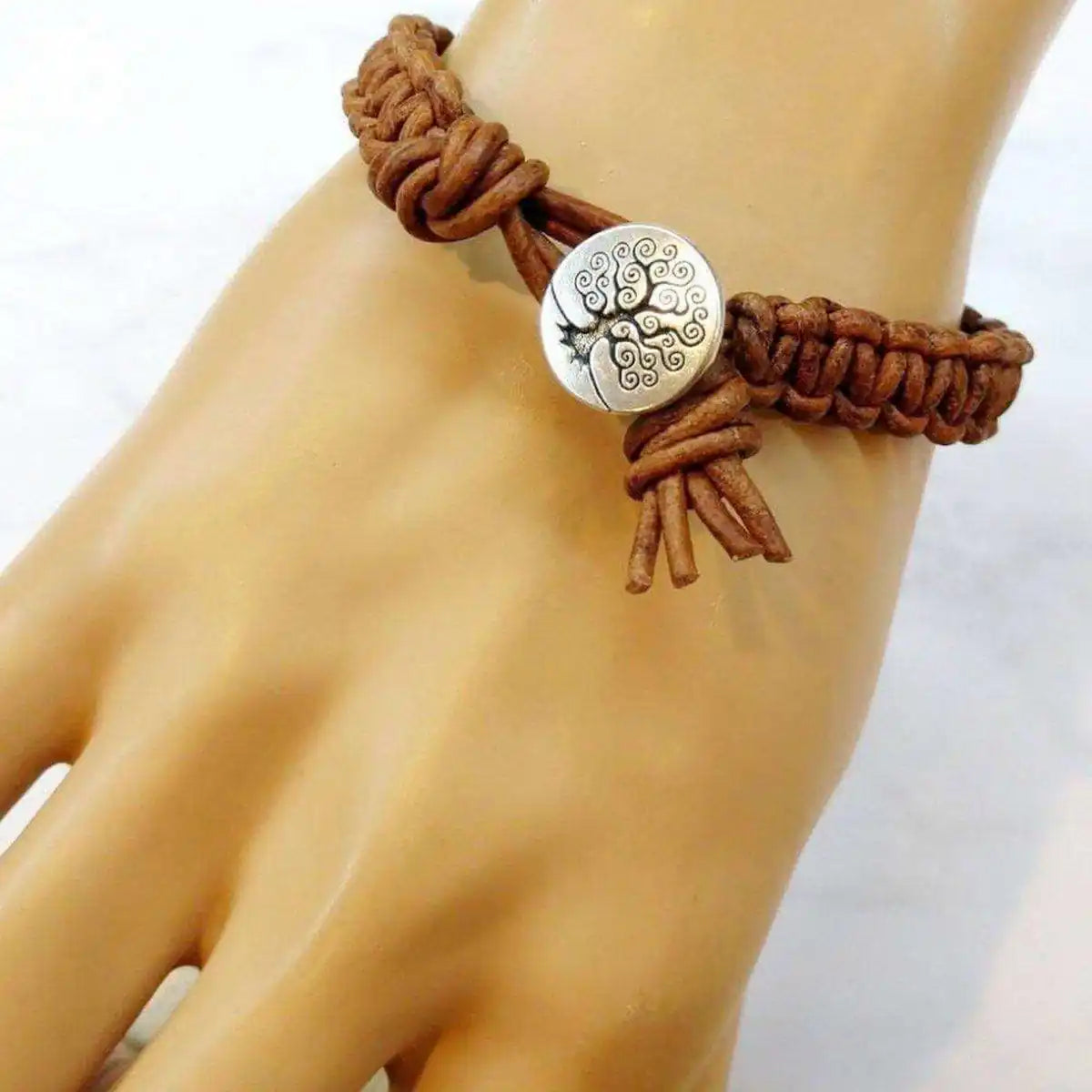 Large Mens Tree of Life Earth Color Macrame Leather Bracelet-3