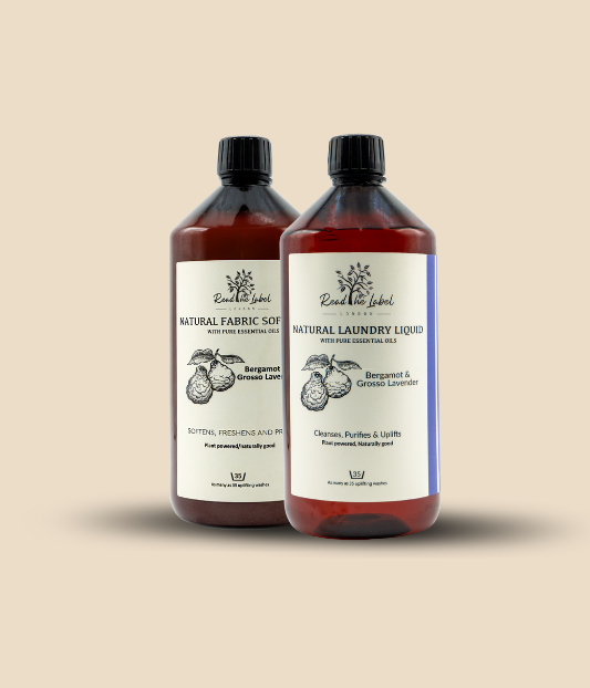 Natural laundry duo bundle featuring detergent and fabric softener bottles with essential oil scents