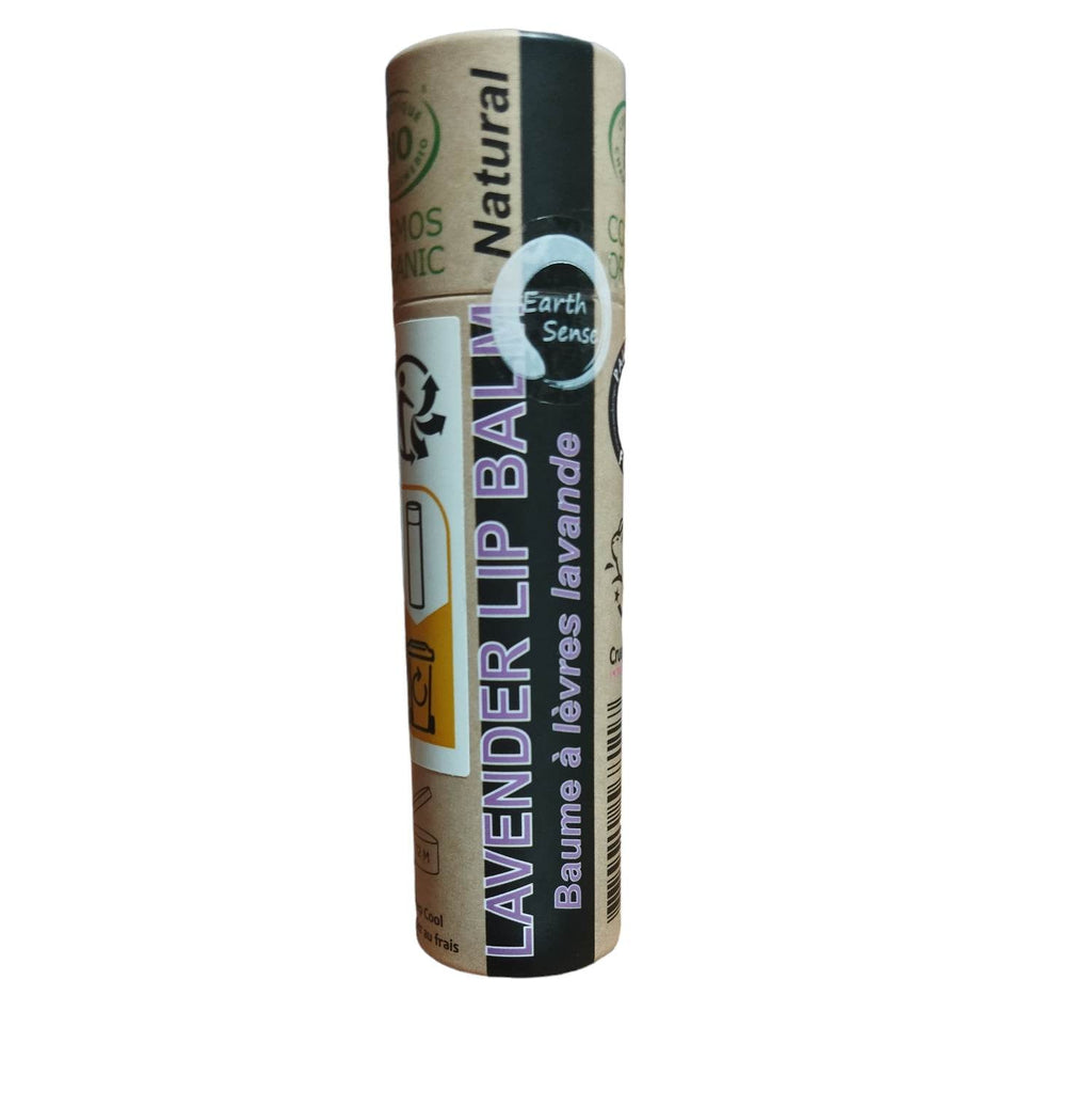 Natural 15ml organic lavender lip balm in a sustainable push-up paper tube.