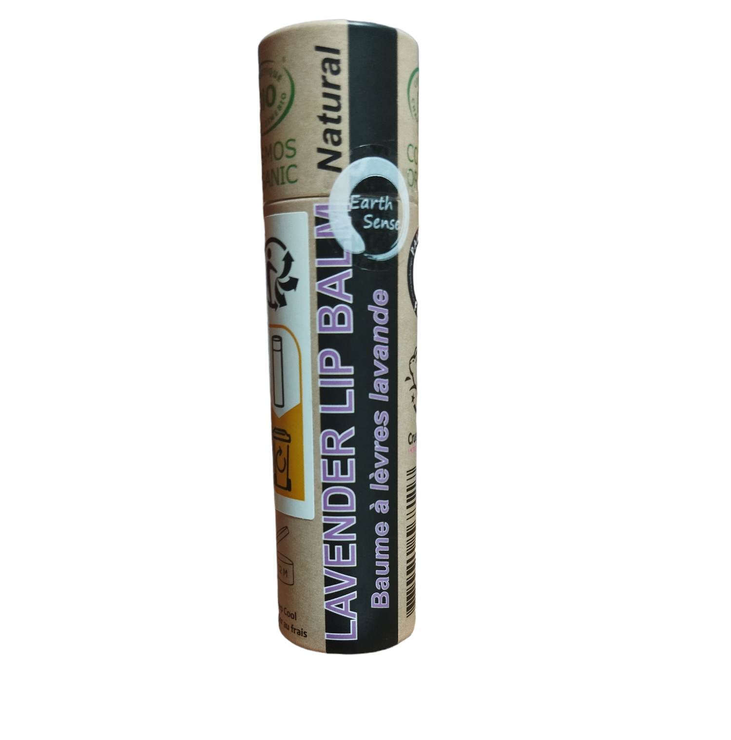 Natural 15ml organic lavender lip balm in a sustainable push-up paper tube.