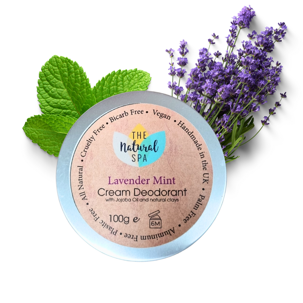 Lavender mint natural cream deodorant balm in a plastic-free sustainable metal travel tin — view 2