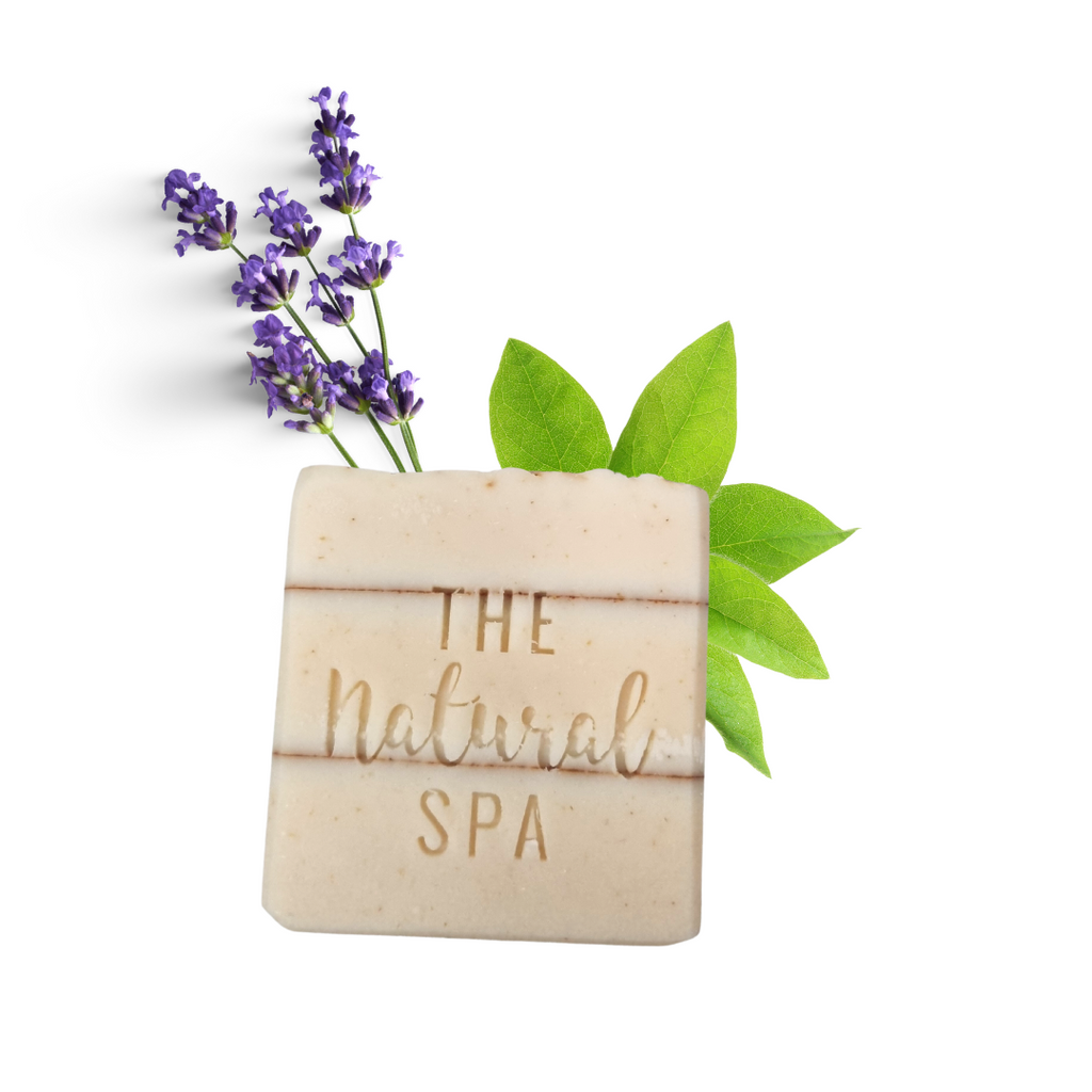 Handmade natural lavender verbena soap bar displayed with botanical ingredients and a rich creamy lather — view 4