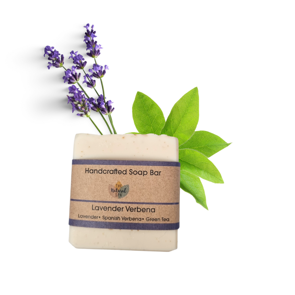 Handmade natural lavender verbena soap bar displayed with botanical ingredients and a rich creamy lather — view 2