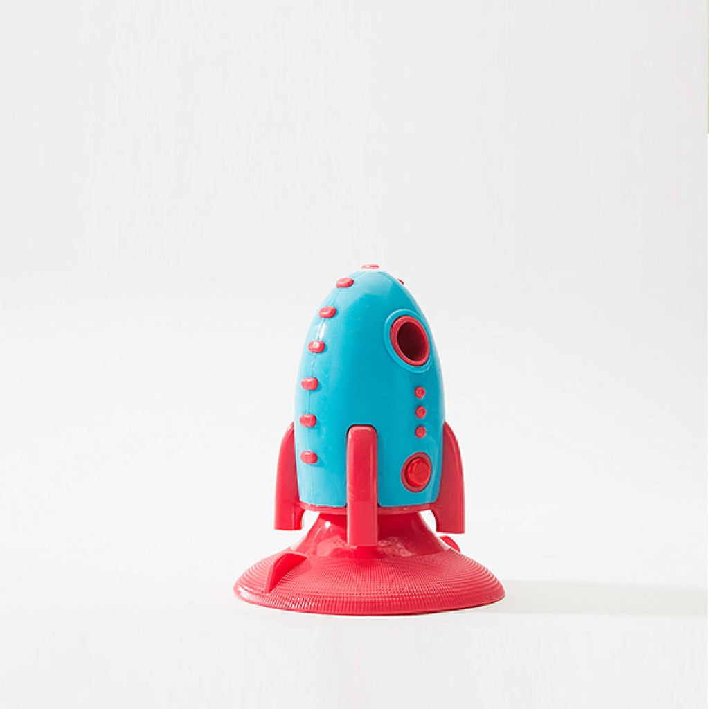 Interactive dog chew toy, rocket shaped silicone treat dispenser with textured molar bumps. — view 3