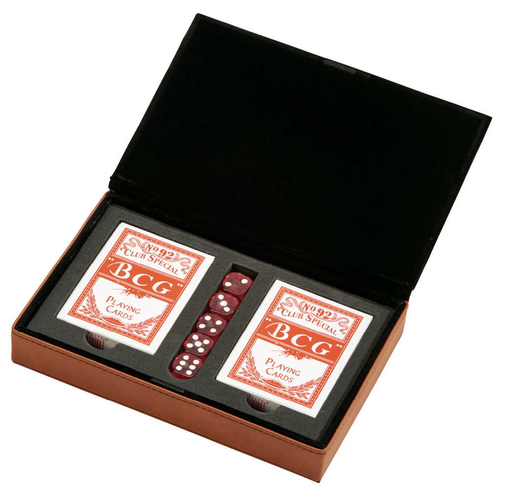 Caramel faux leatherette poker set case with two decks of playing cards and five dice