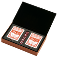 Caramel faux leatherette poker set case with two decks of playing cards and five dice