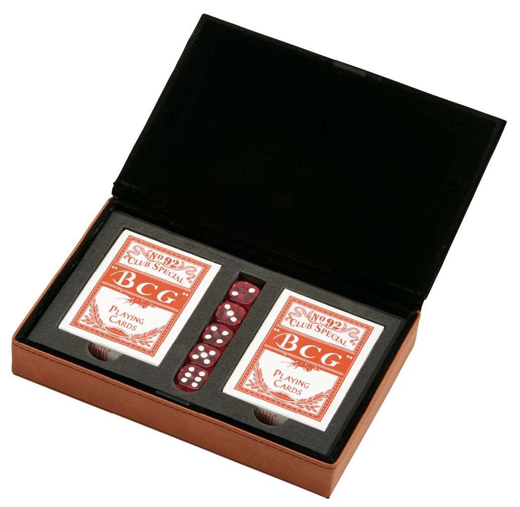 Caramel faux leatherette poker set case with two decks of playing cards and five dice
