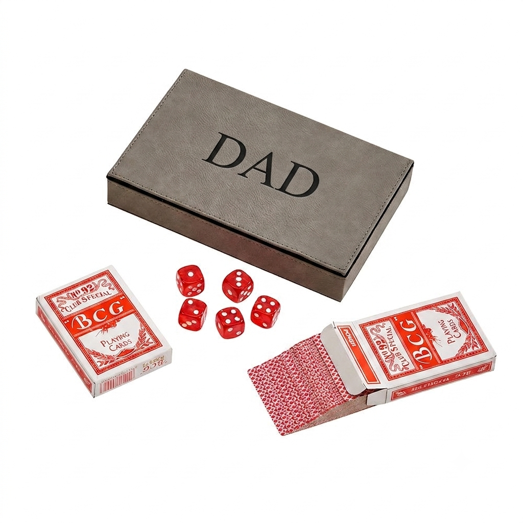 Grey faux leatherette playing card case with two poker decks and five dice inside — view 2