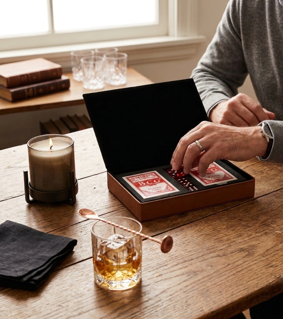Caramel faux leatherette poker set case with two decks of playing cards and five dice — view 3