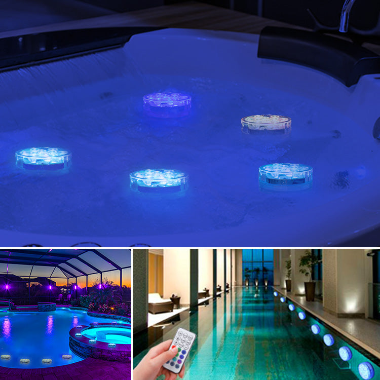 Waterproof submersible LED pool light showing 16 RGB colors with remote control in water setting — view 5