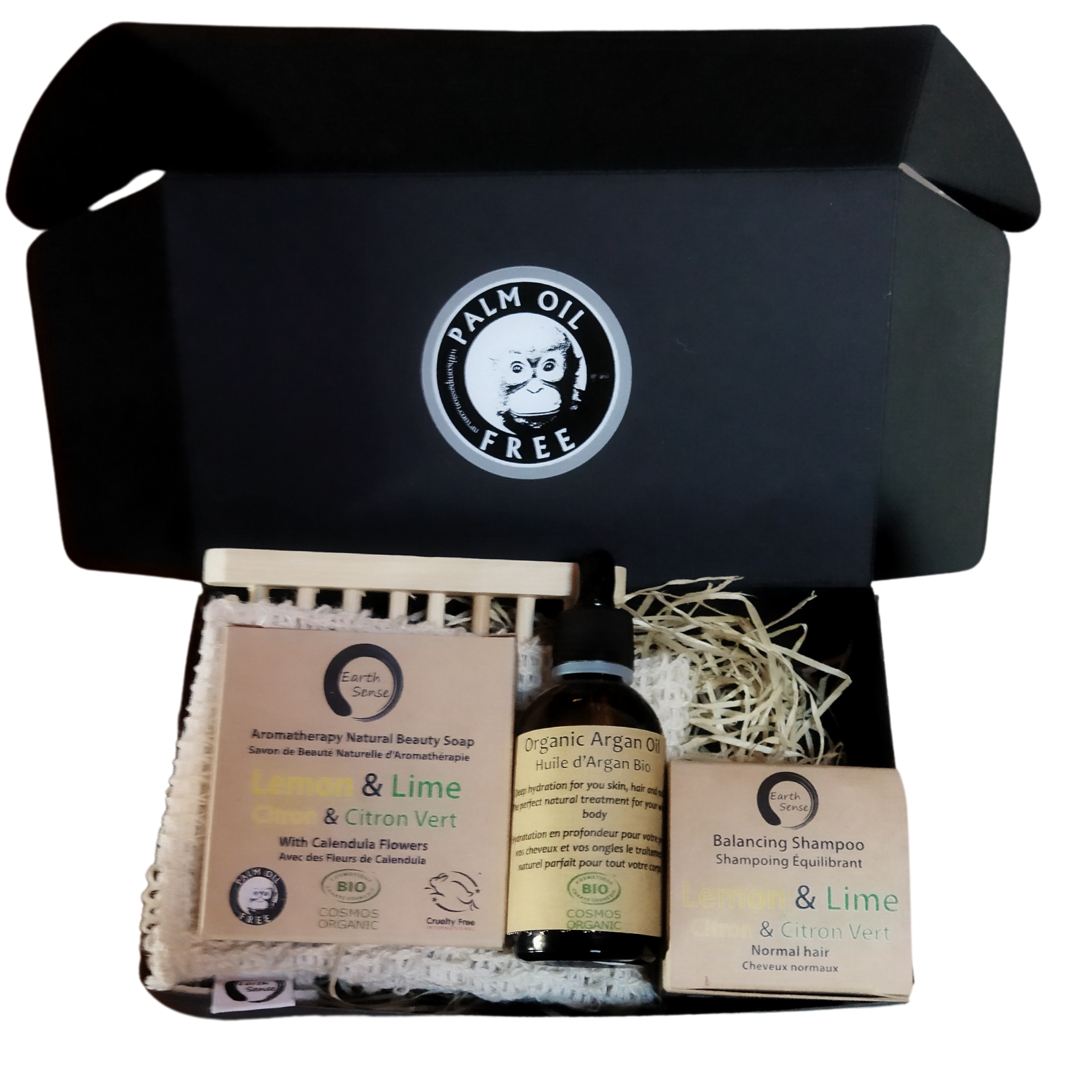 Organic bath and body gift set featuring solid shampoo soap argan oil and bamboo holder