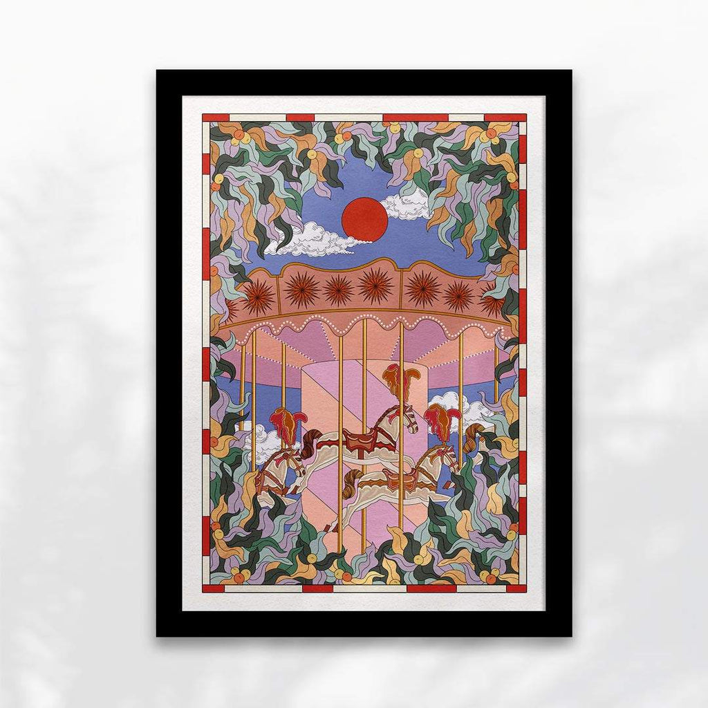 Whimsical horse carousel art print with botanical leaves, clouds, and a bold red sun design. — view 5