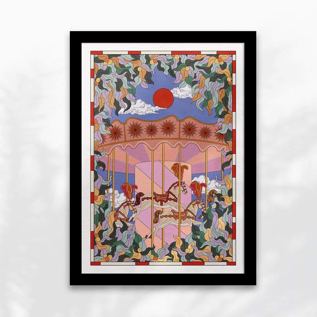 Whimsical horse carousel art print with botanical leaves, clouds, and a bold red sun design. — view 5