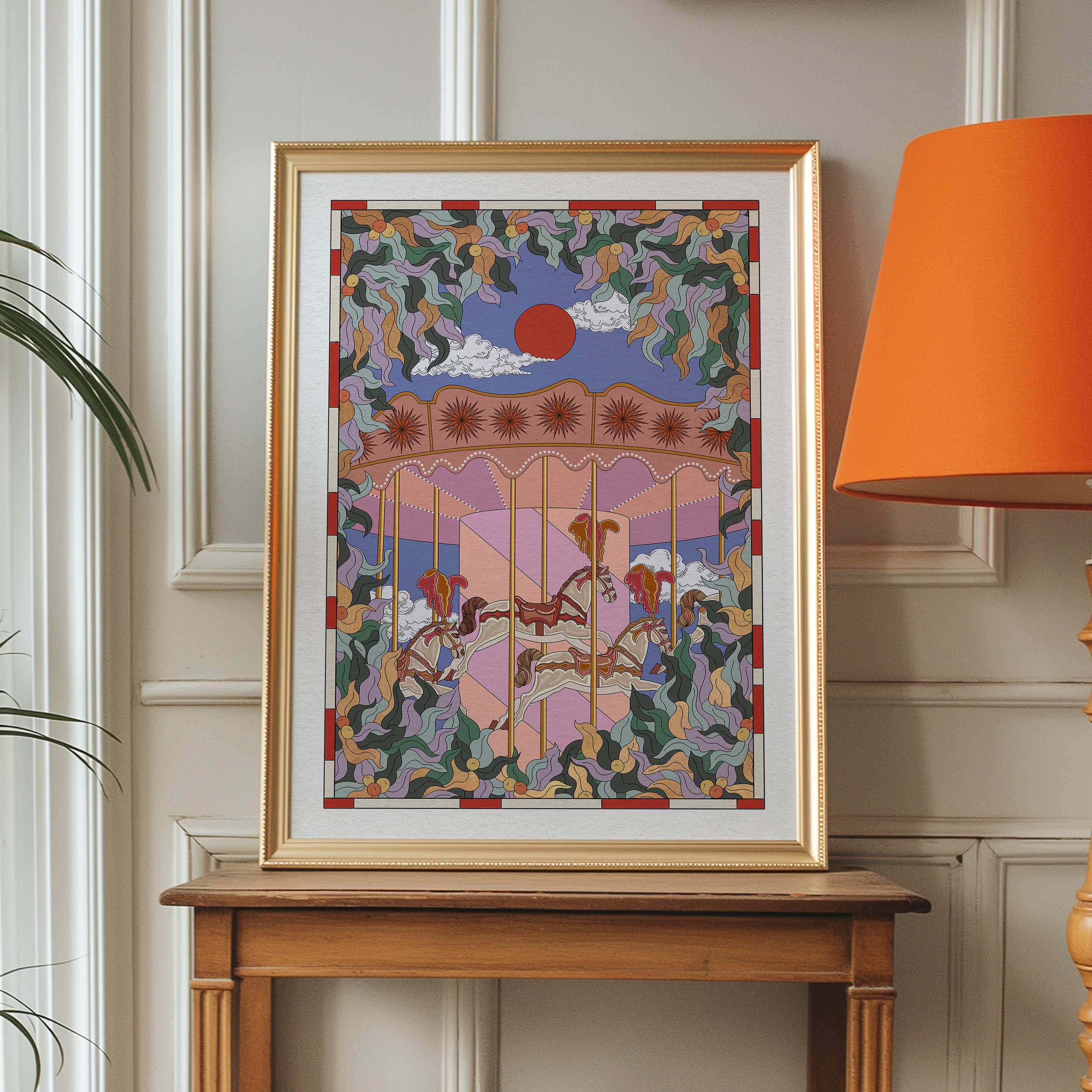 Whimsical horse carousel art print with botanical leaves, clouds, and a bold red sun design. — view 4