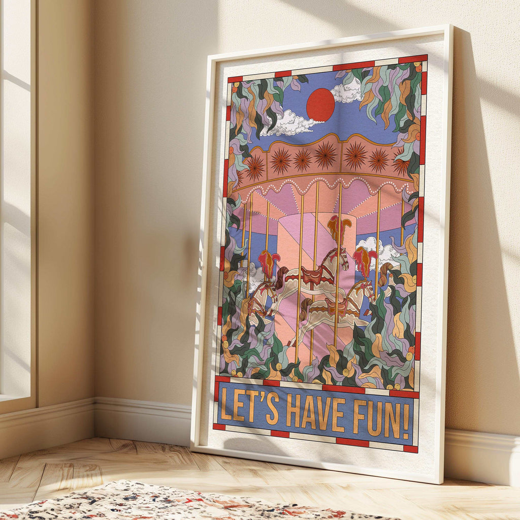 Whimsical horse carousel art print with botanical leaves, clouds, and a bold red sun design. — view 2